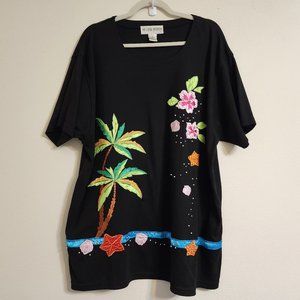 Vintage Victoria Short T-shirt with colorful Tropical Island Patch, 1X,Y2K.